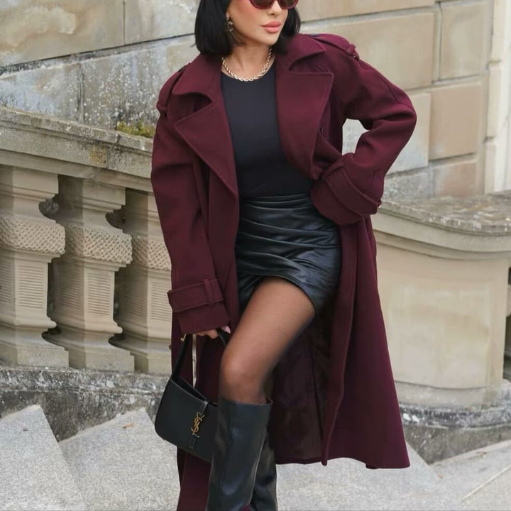 Dam Maxilength ullblandning trenchcoat med Shoulder Yoke, knytband och Roll-Up ärmar