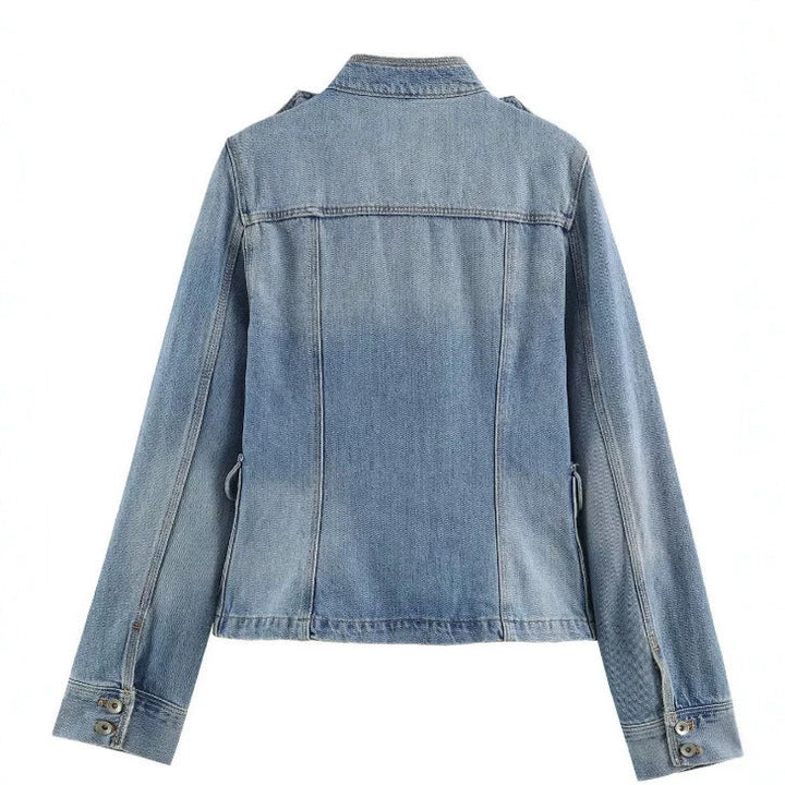 Dam Utility-Stil Denimjacka med Stå Krage, Flapped Fickor, och Shoulder Patches