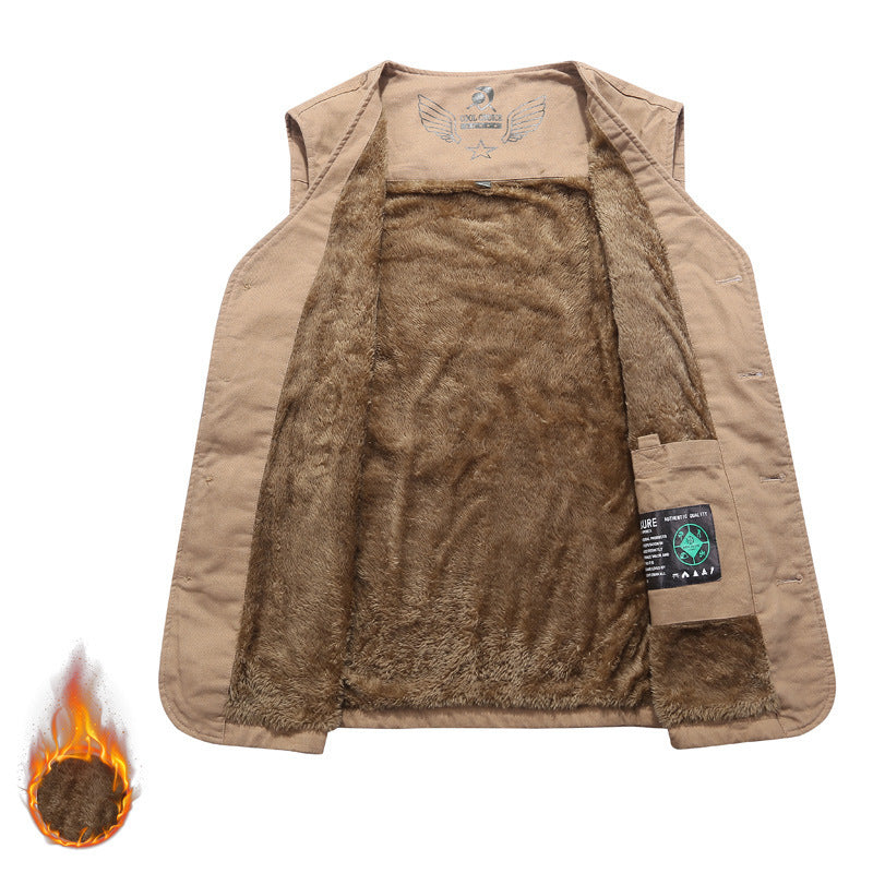 Herr Sleeveless Canvas Teddy Väst med Warming Fleecefoder och Utanpåfickor