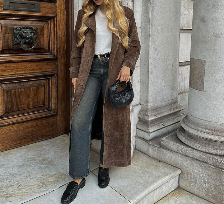 Dam lång mocka jacka in a minimalistisk trench look med mjuk Lapels