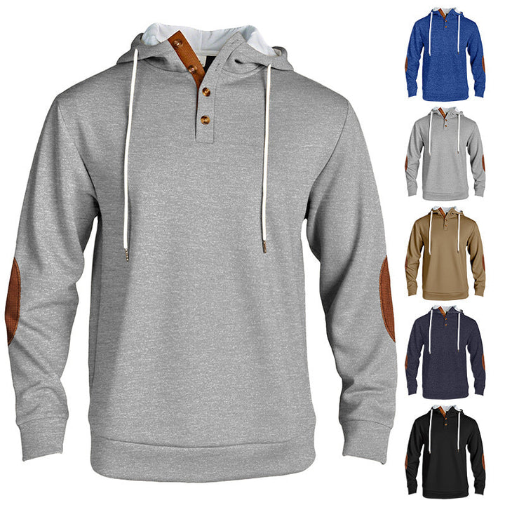 Herr med Huva College-Tröja i Puristic Leisure Stil med Henley Knapplist, Contrasted Huva Interior, och Elbow Lappar
