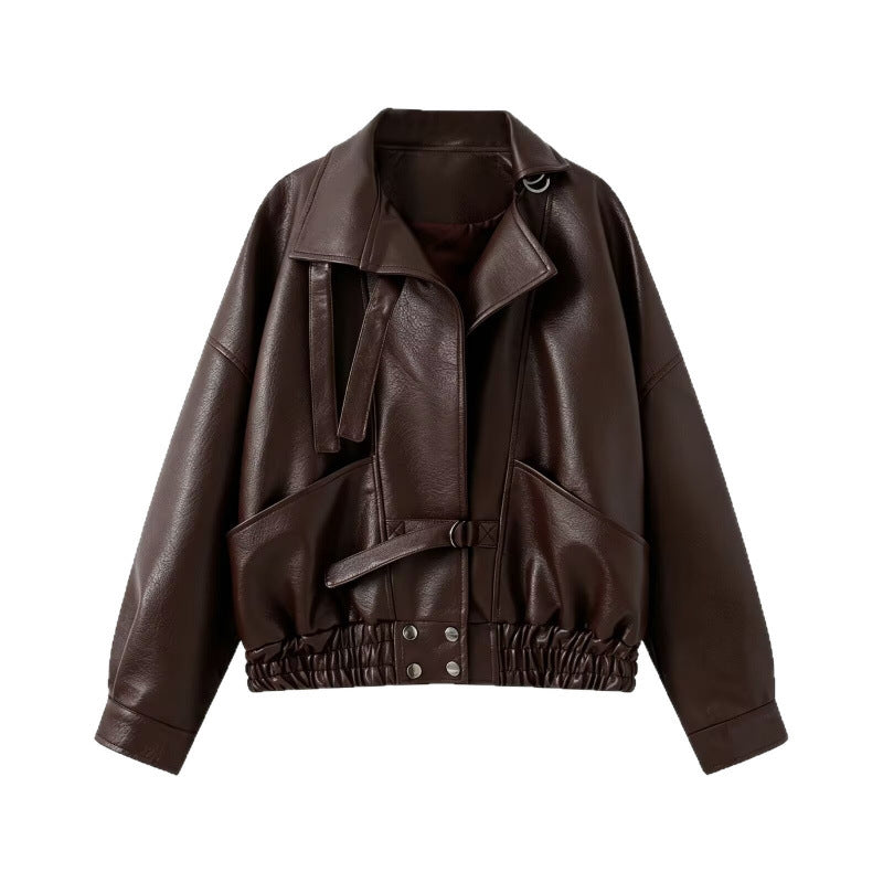 Dam 10+ Tailored Kort Faux Läder Blouson med Belt, Elastic Nederkant, och Lock Fickor