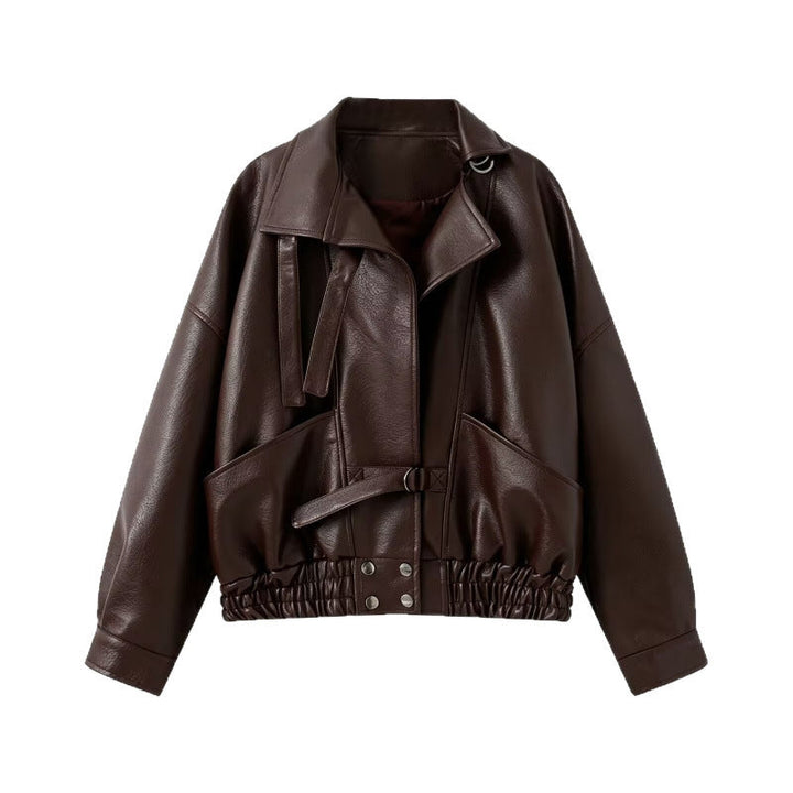 Dam 10+ Tailored Kort Faux Läder Blouson med Belt, Elastic Nederkant, och Lock Fickor
