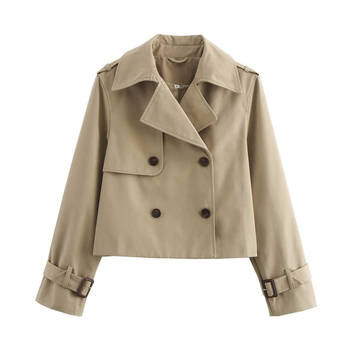 Dam kort skärning double-breasted trenchcoat med axel straps och adjustable cuffs