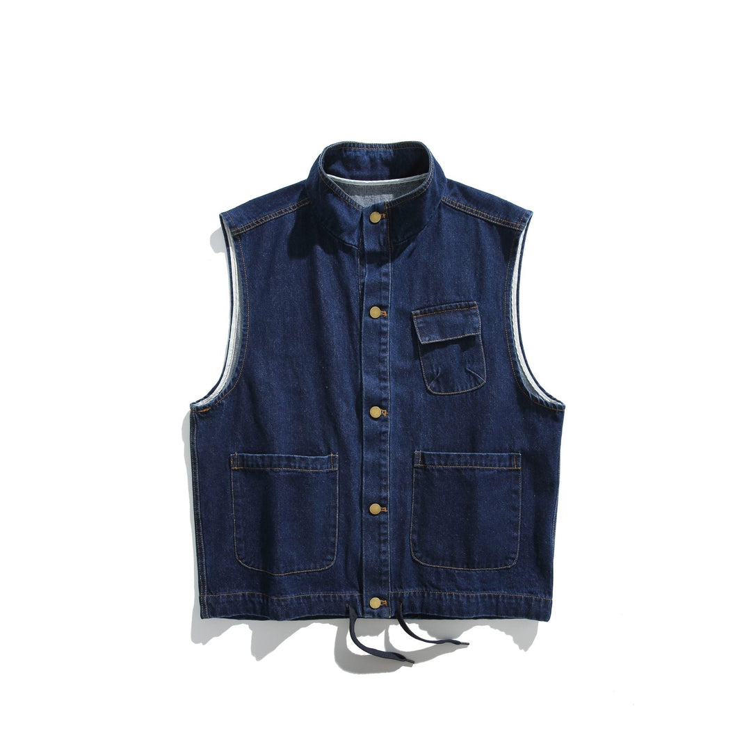 Unisex Denim Väst i Utility Stil med Ståkrage
