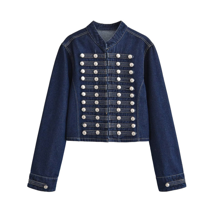 Dam Denimjacka i Military Stil med Stå Krage och Dekorativ Row Tryckknapp Knappar