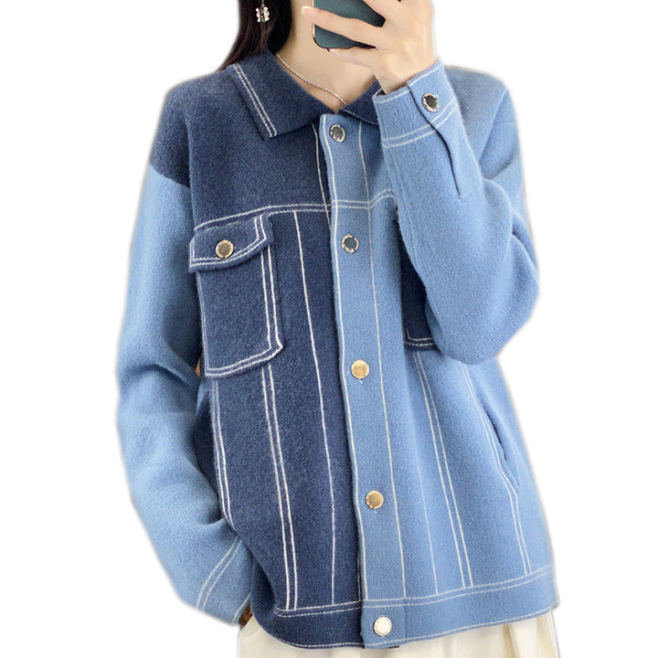 Dam oversize Knit jacka in denimjacka look med kontrasterande Seam detaljer och Chest ficka