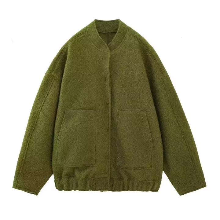Dam kort boxy jacka i ullblandning med kort ståkrage, concealed front placket och påsydda fickor
