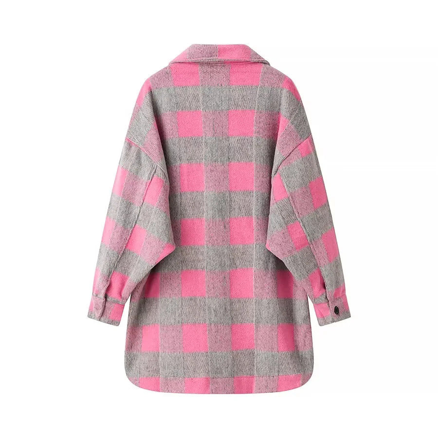 Dam oversize Checked Shacket med Patch bröstfickor och Rounded Hemline
