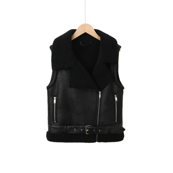 Dam ärmlös Biker väst in Shearling look med midjebälte