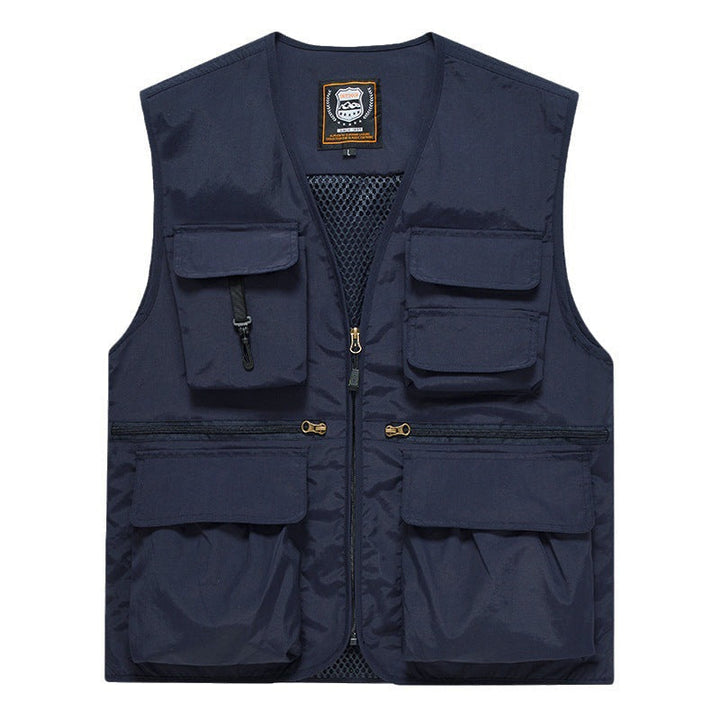Herr Multi-Pocket Fishing Väst Tillverkad av Canvas med Mesh Ventilation och Dragkedja