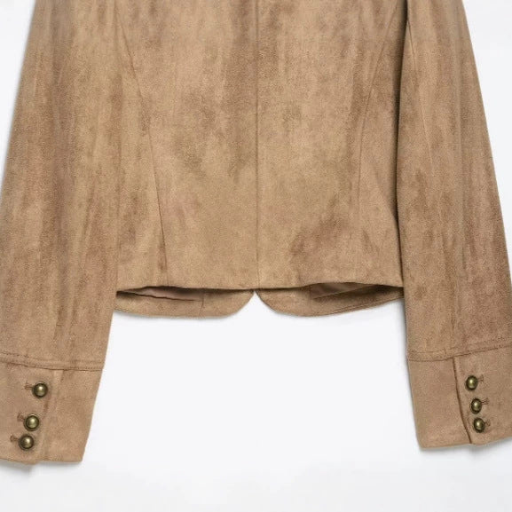 Dam Kort Suede Jacka i Military Look med Dekorativ Parade Knapp Knäppning