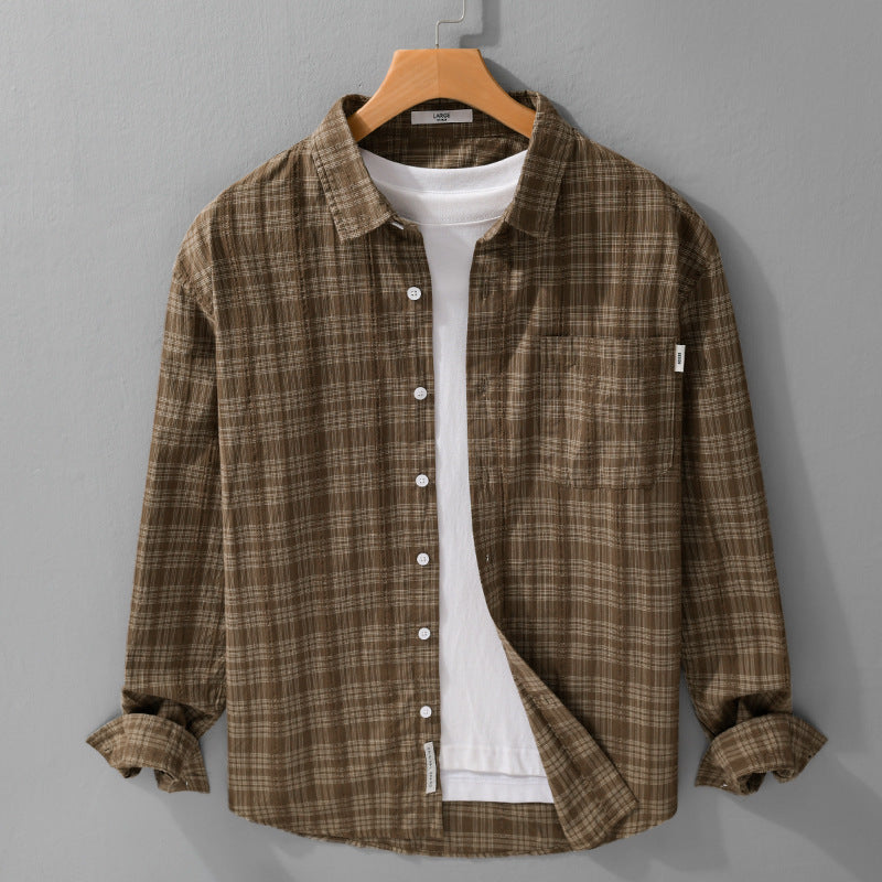 Herr Rutig Bomull Overshirt i Avslappnad Passform med Bröstficka och Soft-Touch