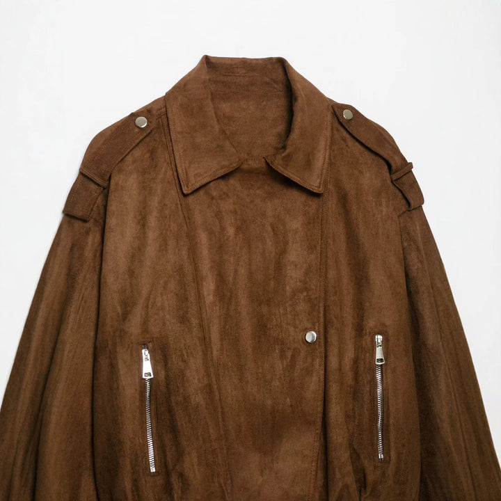 Dam Kort Skärning Suede Bikerjacka med Shoulder Flaps