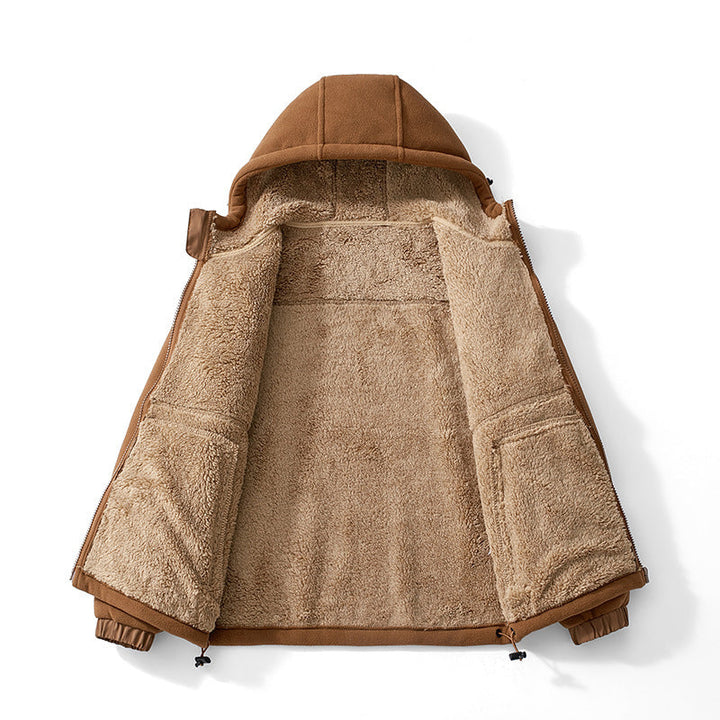 Herr Fleece Jacka med Huva med Teddy Foder, Zippered Fickor, och Adjustable Fåll