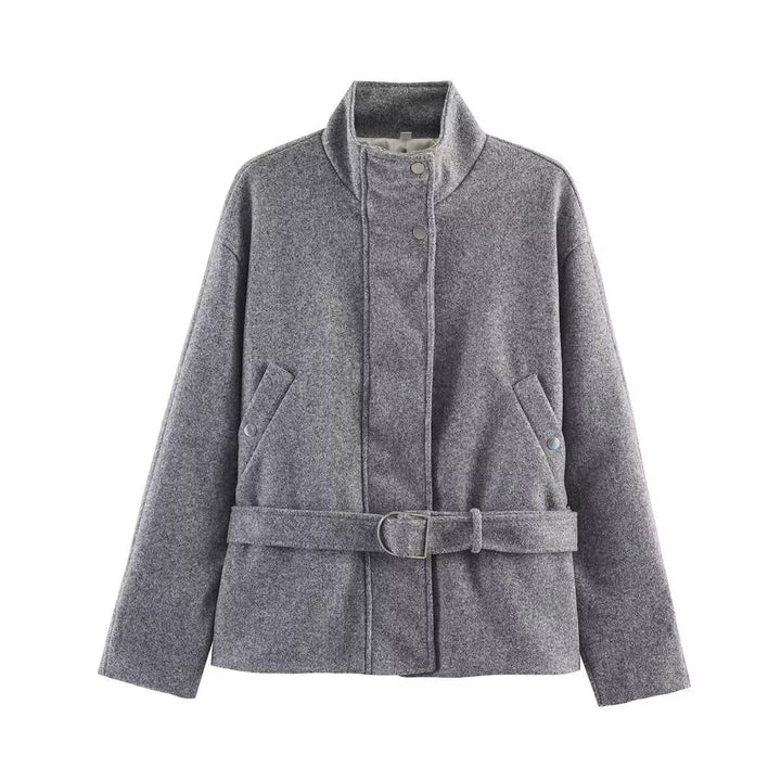 Dam kort jacka gjord ullblandning med waistband, ståkrage och flap fickor