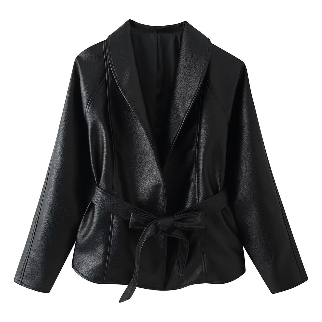 Dam Tailored Jacka i Konstläder med Shawl Krage och Tied Belt