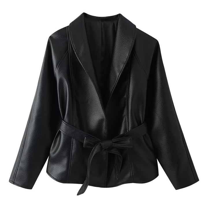 Dam Tailored Jacka i Konstläder med Shawl Krage och Tied Belt