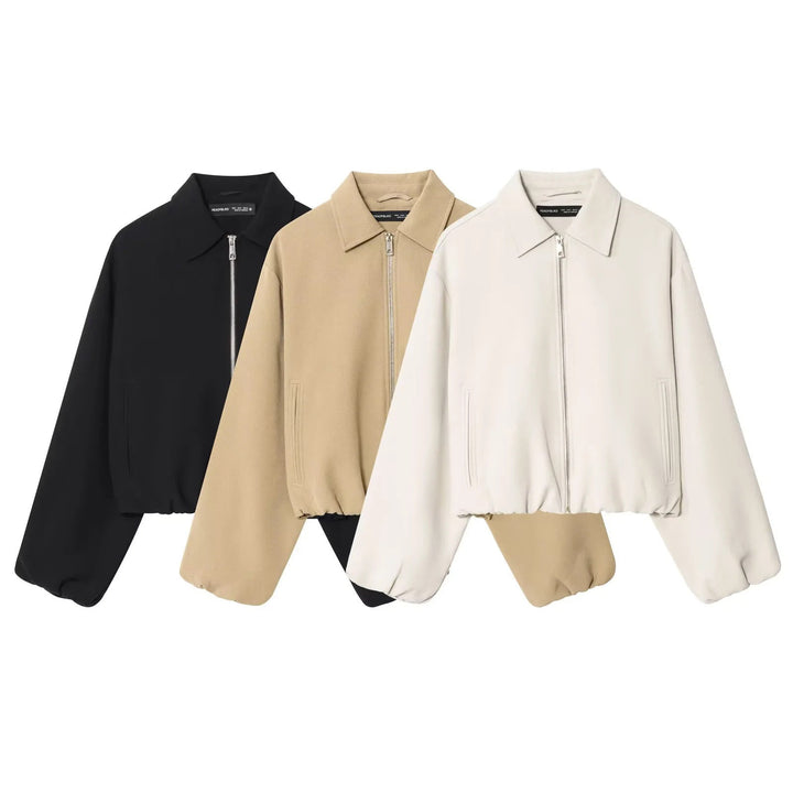 Dam cropped blousonjacka med skjortkrage, concealed metal dragkedja, och elastisk fåll