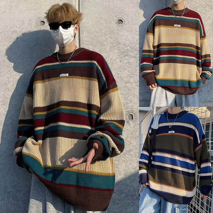 Herr Ledig Chunky Stickad Tröja med Colorful Rand Mönster
