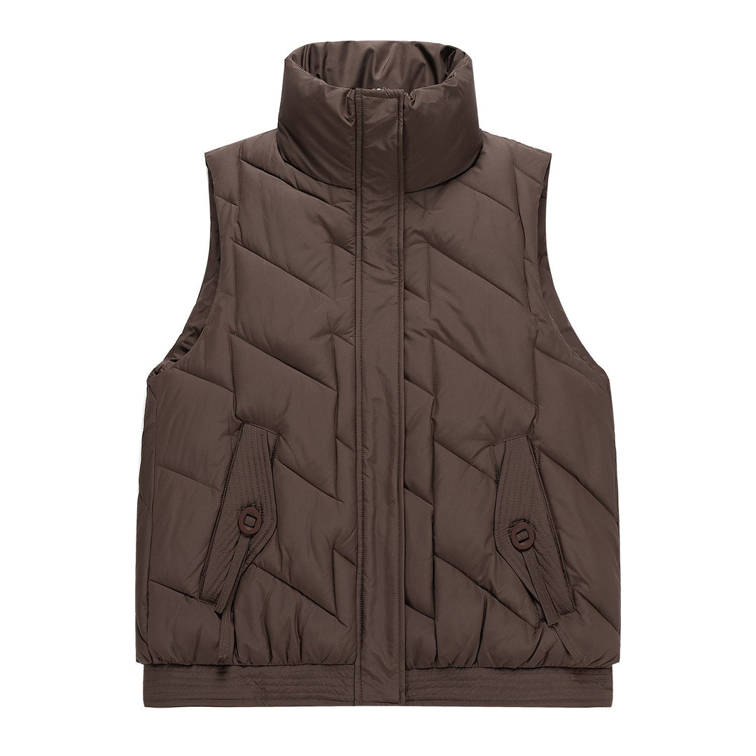 Dam sleeveless thermo quiltad väst med ergonomic square quiltning, high ståkrage, och decorative pocket flaps
