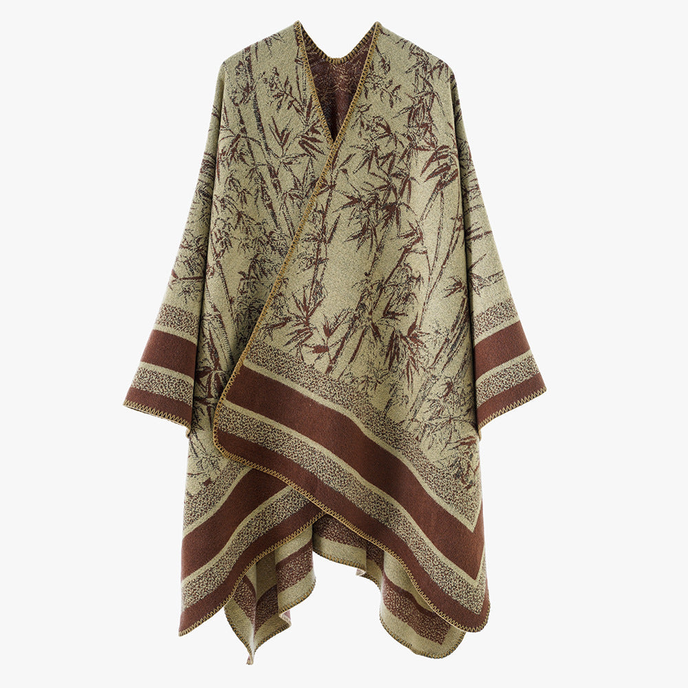 Dam Jacquard poncho i Cape stil med Bamboo design och öppen front
