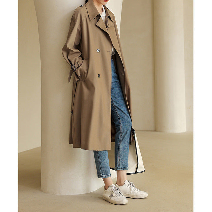 Dam lätt Knee-Length Double-Breasted trenchcoat gjord bomull Blend med Epaulettes och Buckle muddar