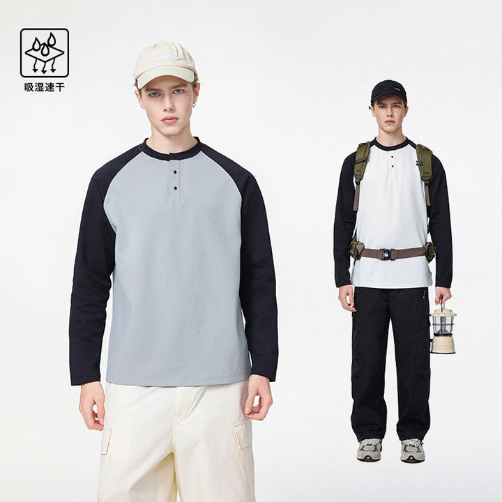 Herr Långärmad Henleytröja med Raglanärmeln, Avslappnad-Passform och Knapplist