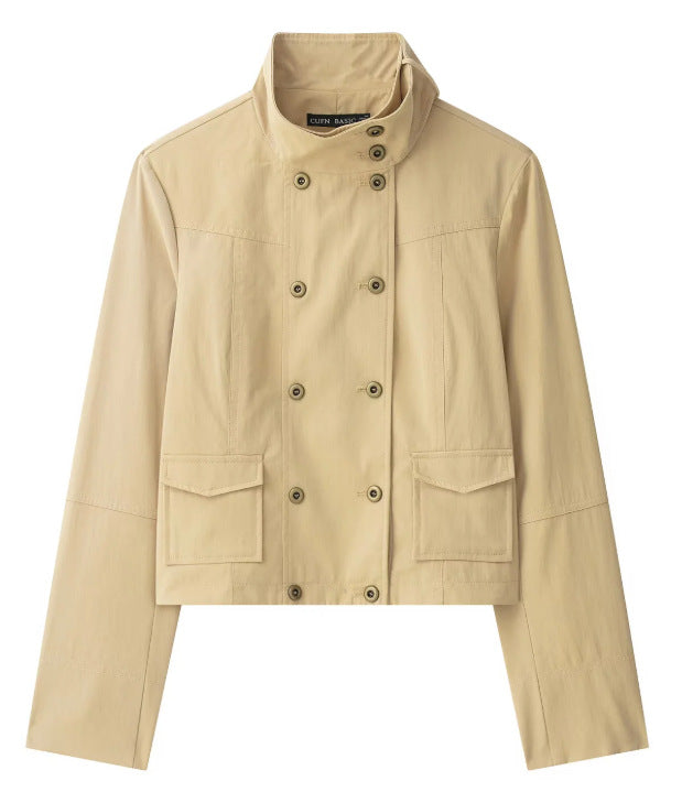 Dam Kort Double Breasted Kort Jacka i Blouson Stil med Stå Krage och Lock Fickor