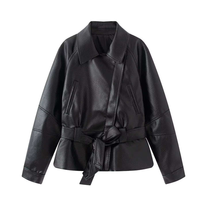 Dam Kort Jacka Gjord av Konstläder med Belted Midja och Skjortkrage