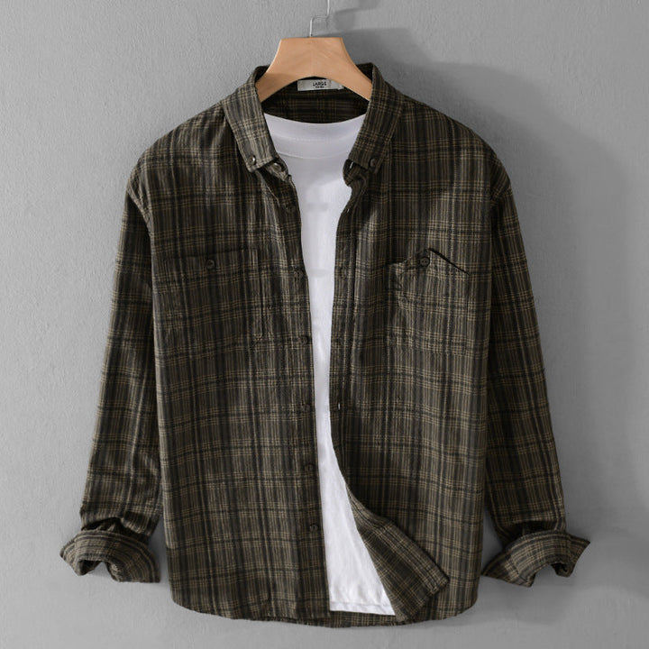 Herr Rutig Flanell Overshirt med Knapp-Dun Krage och Utanpå Bröstfickor