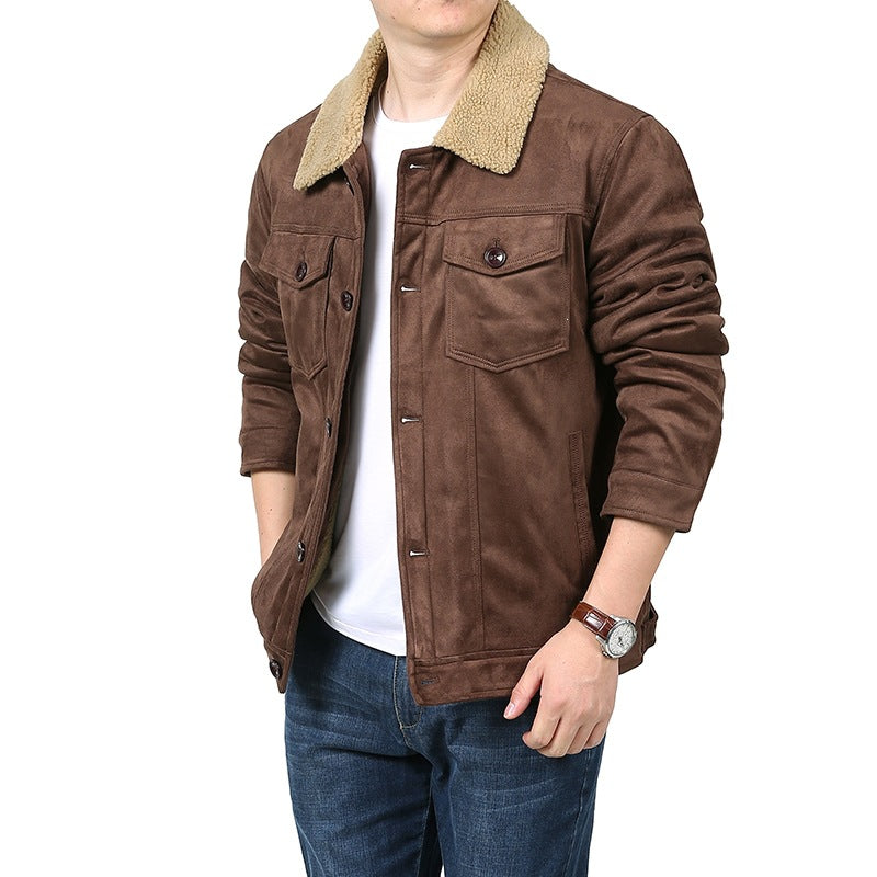 Herr Suede-Like Skjortjacka i Trucker Stil med Teddy Krage &amp; Lockfickor