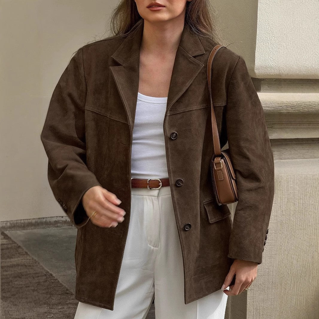 Dam oversize mocka blazer med slagkrage och Flap fickor