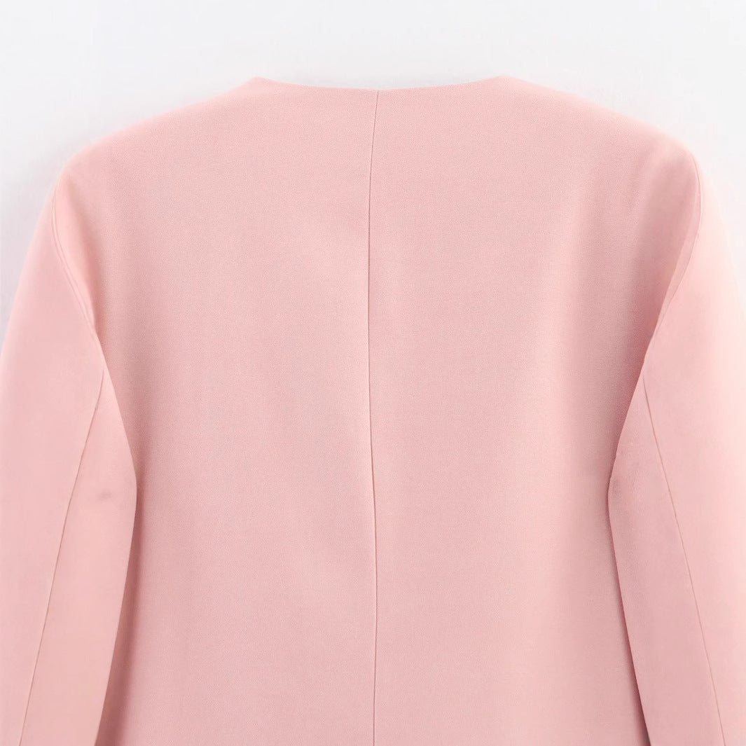 Dam no-button lång blazer jacka med deep V-neck, figursydd darts, och flap fickor