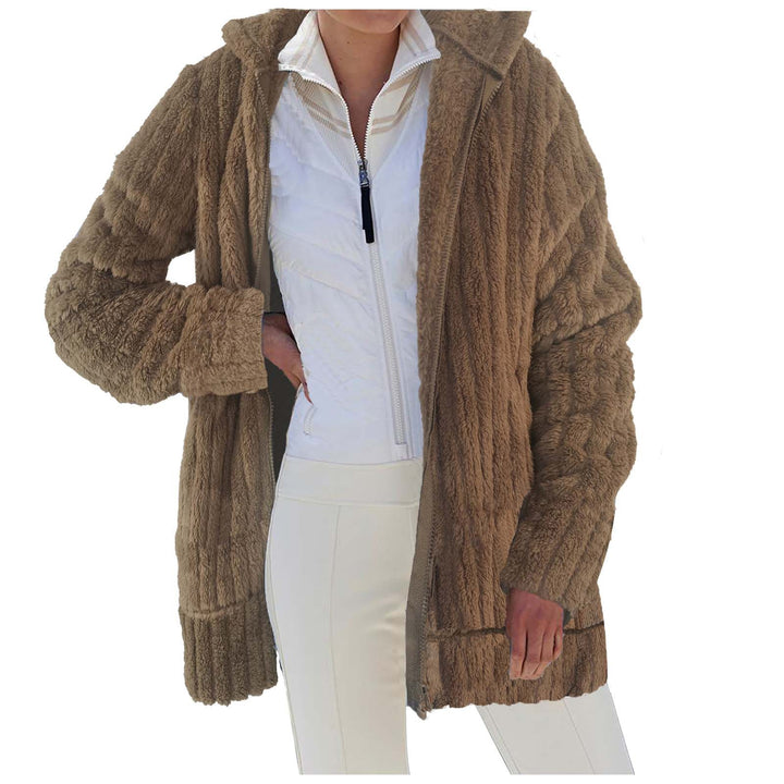 Dam Oversize Teddy-fleece Hooded kappa med ribbstickade muddar och sidofickor