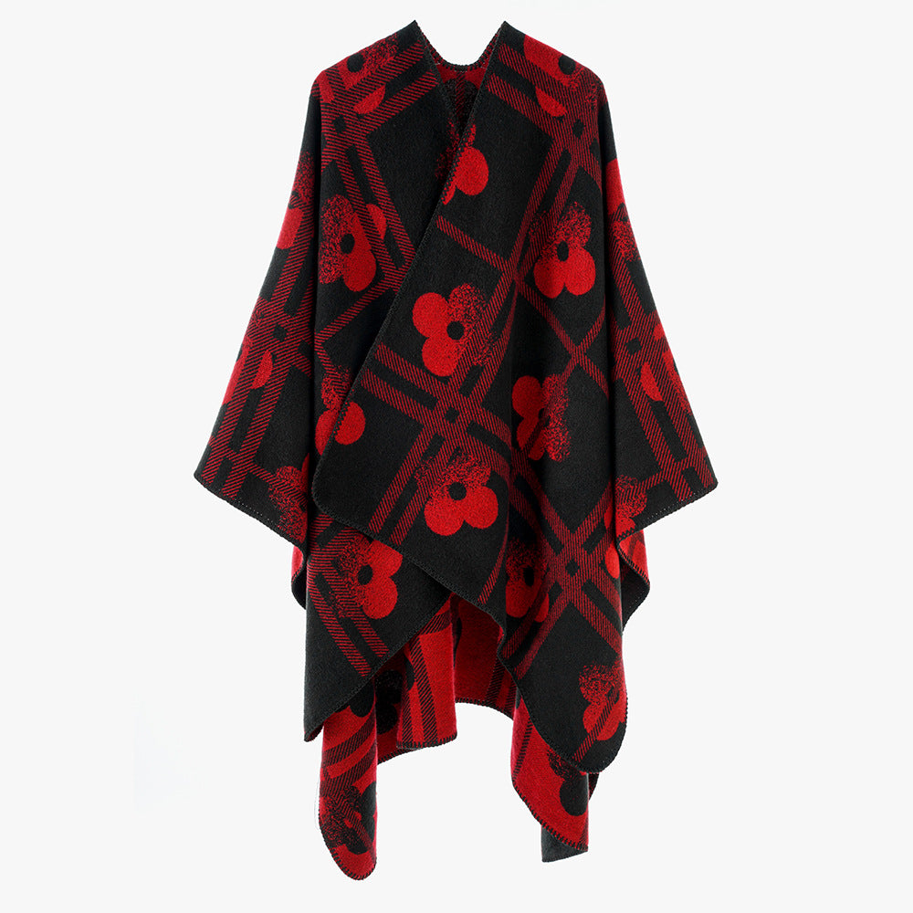 Dam Reversible Jacquard poncho tillverkad av ullblandning med floral check mönster och decorative piping seam