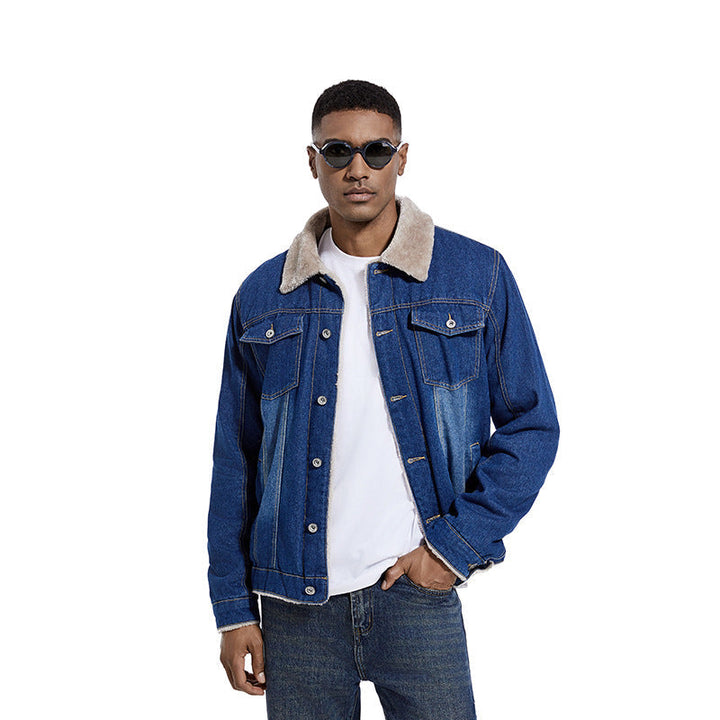 Herr Robust Denim Trucker Jacka med Sherpa Foder och Teddy Krage