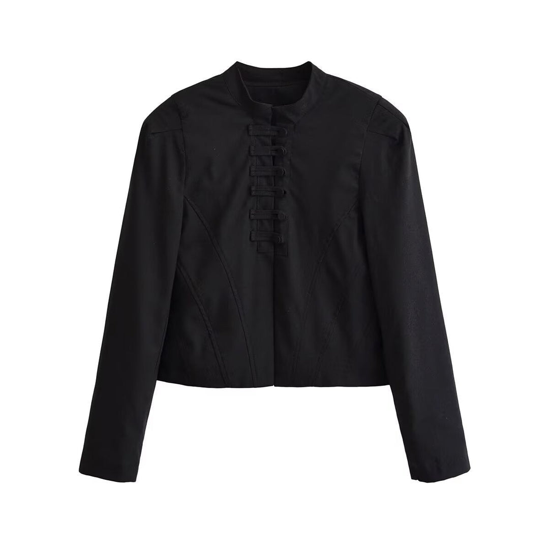 Dam Kort Tailored Blouson Jacka med Stå Krage, Dekorativ Loops och Seams