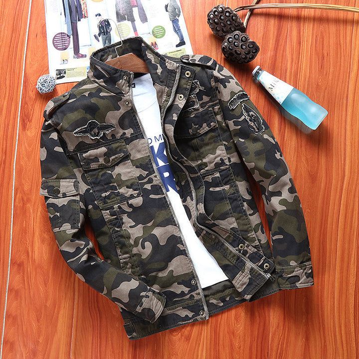 Herr Canvas Fältjacka i Militär Utility Stil med Axel Straps och Flera Fickor