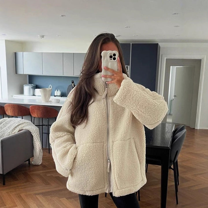 Dam Oversize Teddy fleecejacka med ståkrage och påsydda fickor