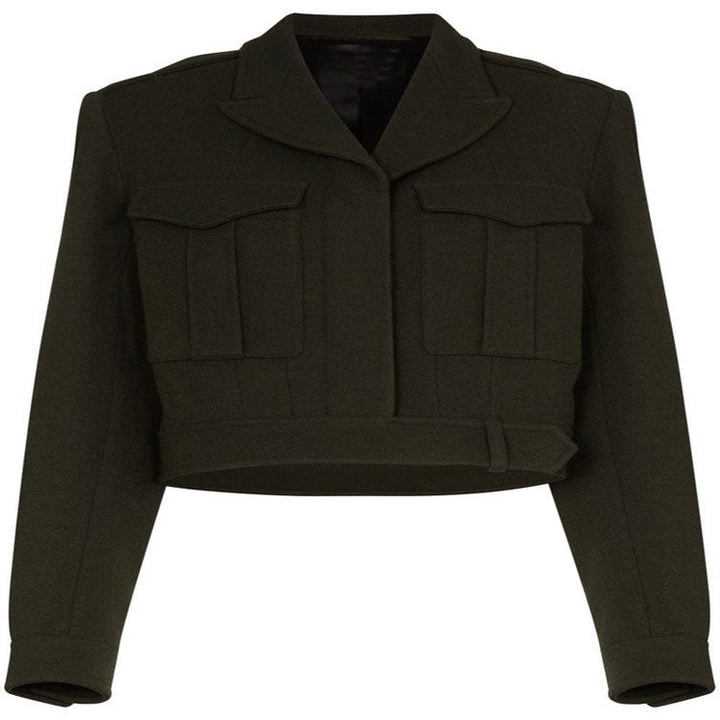 Dam kort jacka in military tailoring tillverkad ullblandning med utanpåfickor och belted midja