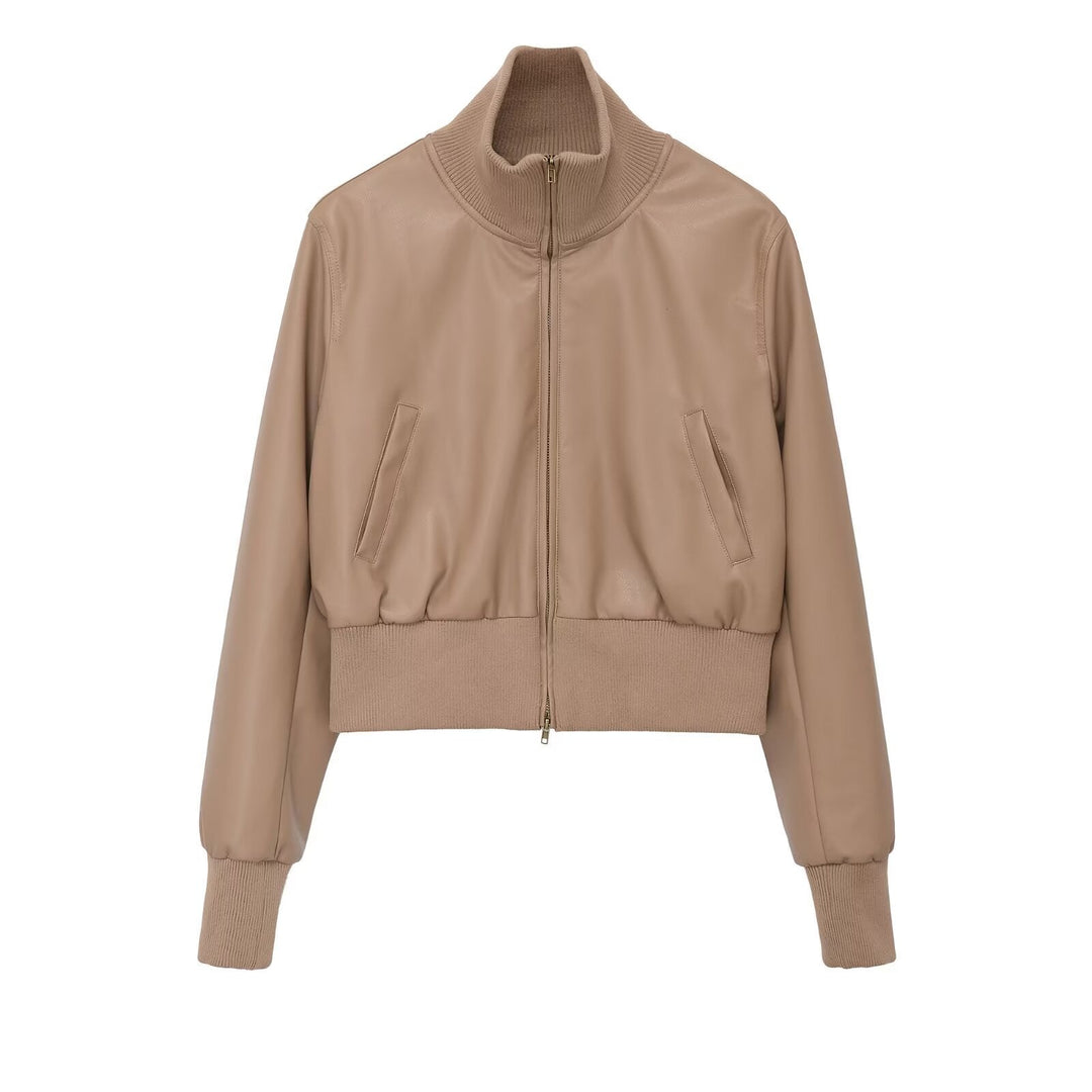 Dam Kort Jacka i Läderlook med Hög Structured Krage och Fitted Ribbed Waistband