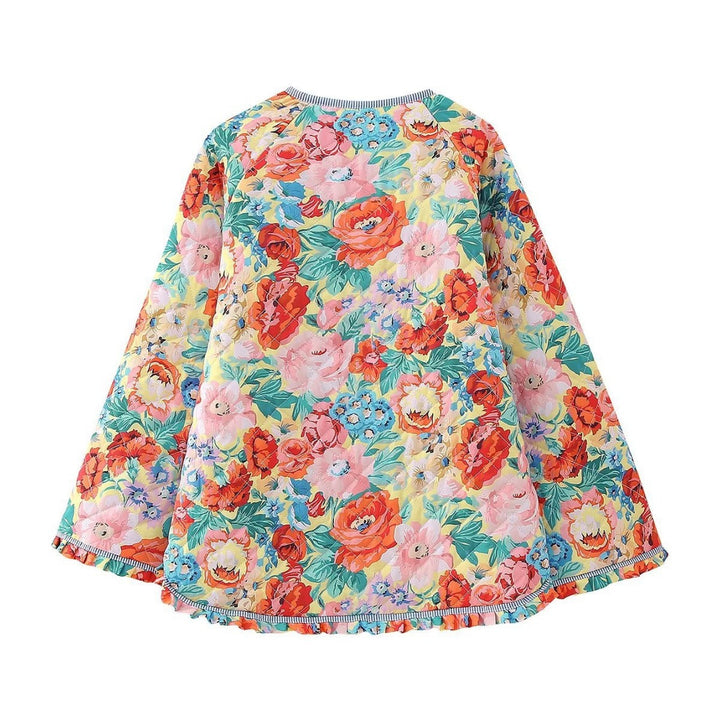 Dam quiltad swing jacka med floral quilt rund hals och ruffle fåll