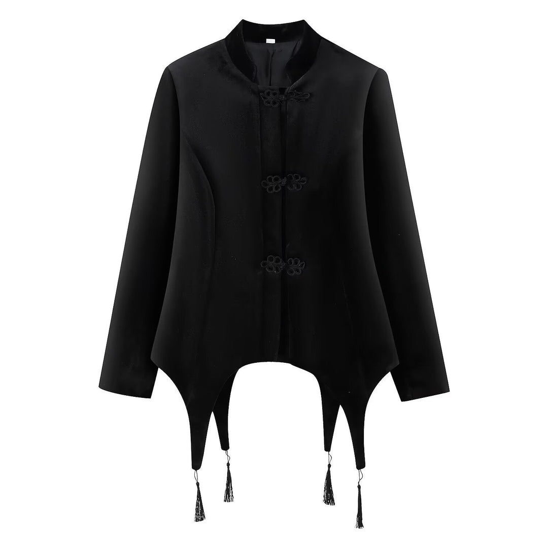 Dam Asymmetrisk Kort Jacka med Stå Krage, Drawstring Closures och Tassel Nederkant
