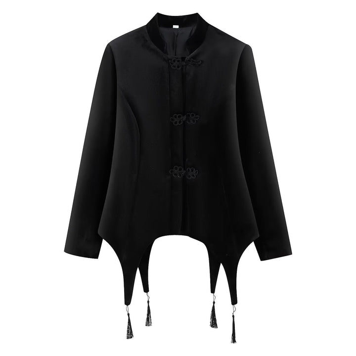 Dam Asymmetrisk Kort Jacka med Stå Krage, Drawstring Closures och Tassel Nederkant