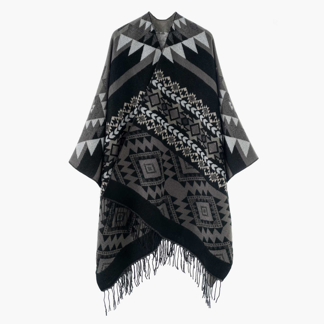 Dam Oversize Jacquard Cape i Ethno Jacquard med Fringing
