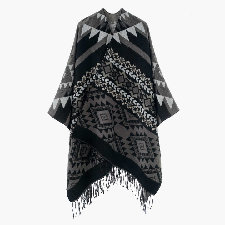 Dam Oversize Jacquard Cape i Ethno Jacquard med Fringing