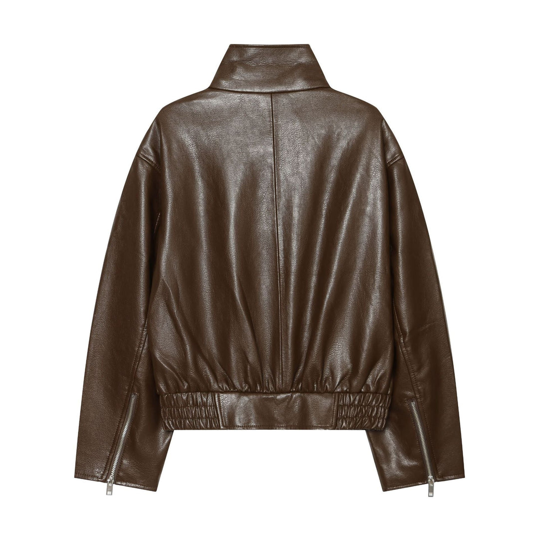 Dam Kort Skärning Faux Läder Blouson Jacka med Funnel Krage, Asymmetric Dragkedja och Smocked Nederkant