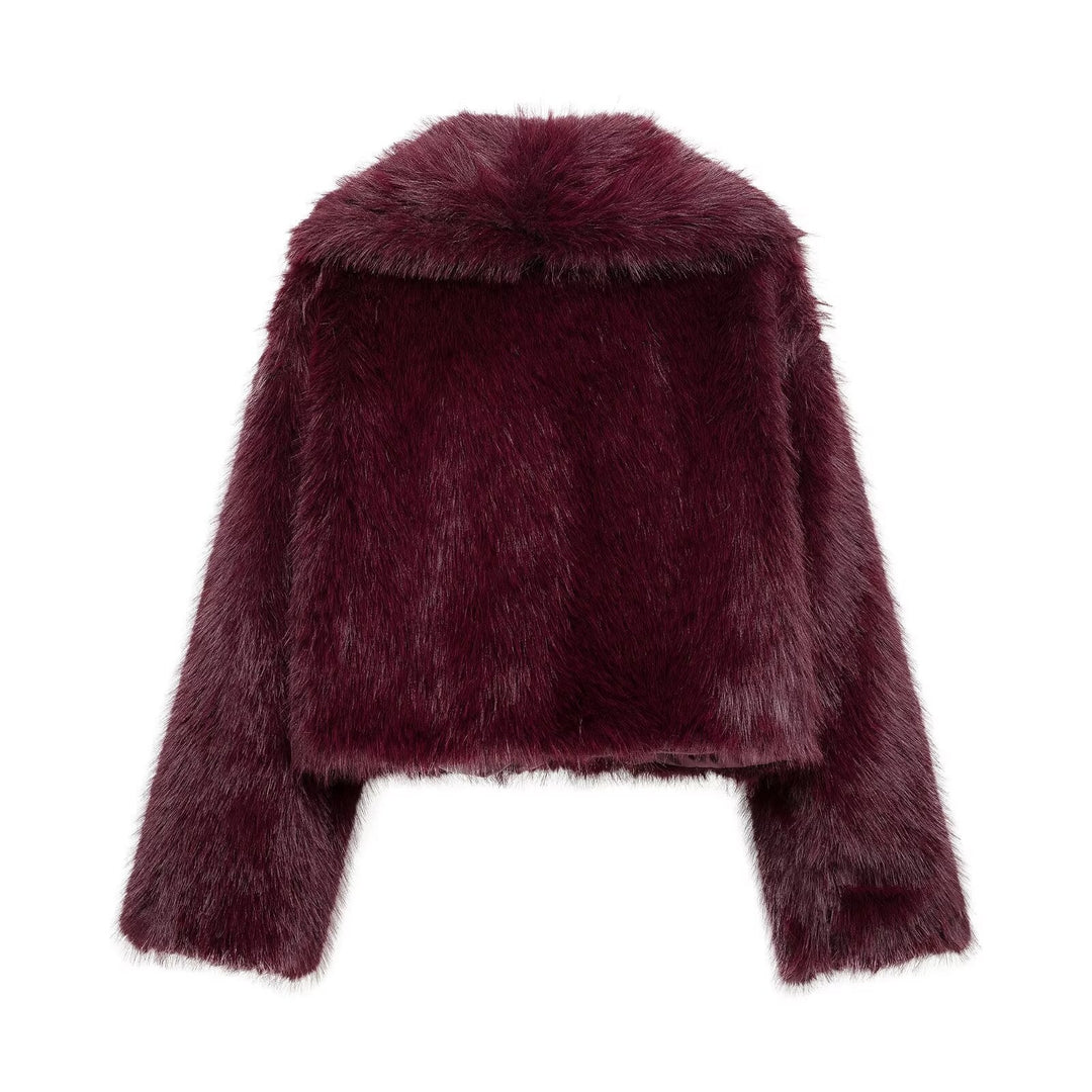 Dam 20+ Kort Faux Fur Jacka med Wide Shawl Krage och Boxig Silhuett