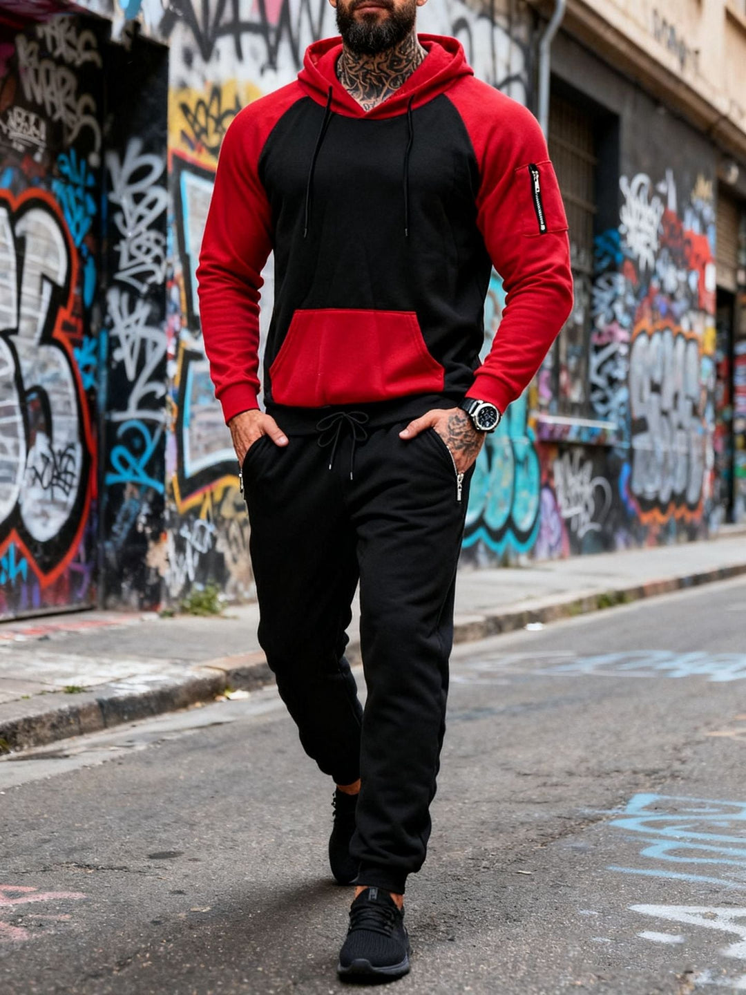 Herr Two-Piece med Huva Sweat Set med Raglanärmar, Ärm Dragkedja Ficka, och Tapered Jogging Byxor